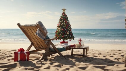 Christmas morning at the beach in with beach chairs and a sand christmas tree