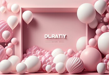 Birthday and party event greeting template. Pink with white birthday balloons background 3D rendering illustration. Generative AI