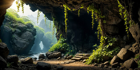 Cave in a jungle environment. - 734228242