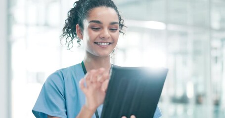 Healthcare, nurse and tablet in hospital with search for telehealth, medical research and planning with happiness. Medicine, woman and doctor with touchscreen in clinic for online results and scroll