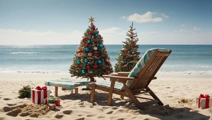 Foto auf Acrylglas Christmas morning at the beach in with beach chairs and a sand christmas tree © RIDA BATOOL