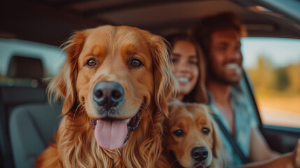The family is driving on the weekend. Father and mother with daughter and Labrador dog sitting in the car leisure travel tourism - obrazy, fototapety, plakaty