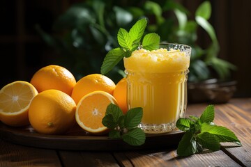 Fresh orange juice in glass glass on wooden table., generative IA