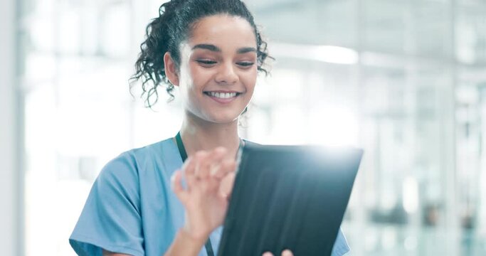 Healthcare, nurse and tablet in hospital with search for telehealth, medical research and planning with happiness. Medicine, woman and doctor with touchscreen in clinic for online results and scroll