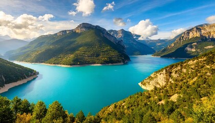 lake of serre poncon reservoir and popular nature attraction on the border in the provence alpes cote d azur region southeastern france - obrazy, fototapety, plakaty