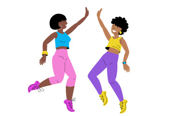Two women giving a high five while dancing. Digital illustration with vibrant colors. Celebration and active lifestyle concept for design and print
