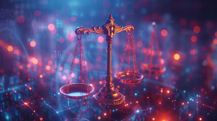 neutral artificial intelligence Scales of Justice in the Digital World Digital scale illustration on futuristic network background. Fairness and equality in ethics