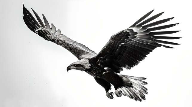 Majestic eagle in flight against a minimalist sky. black and white photography capturing wildlife dynamism. ideal for natural themes. AI
