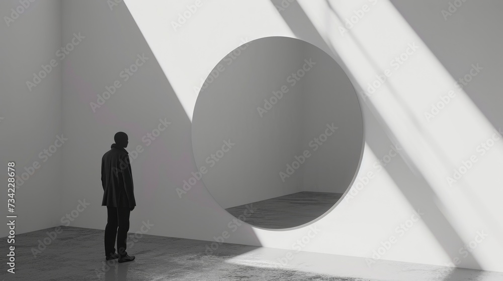 Poster a black and white photo of a person standing in front of a wall with a circular object in the middle