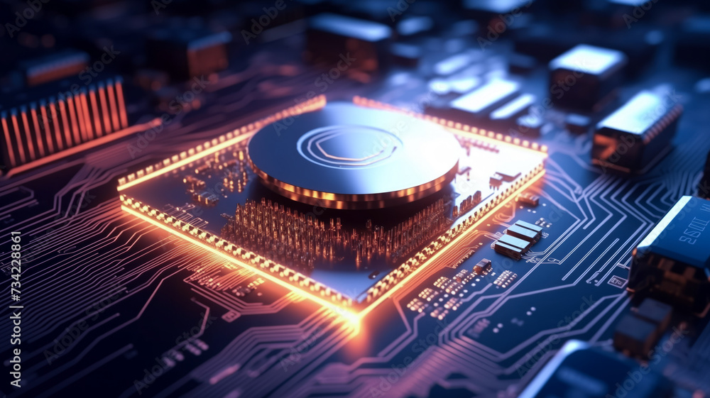 Poster concept cpu microchip for ai and data network. close-up view of modern chip gpu card with circuit bl
