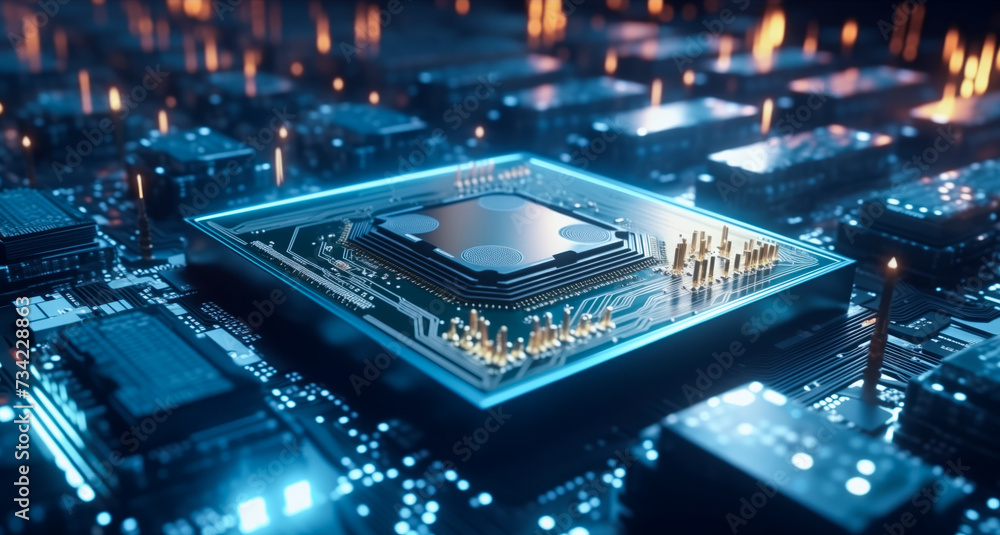 Poster concept cpu microchip for ai and data network. close-up view of modern chip gpu card with circuit bl