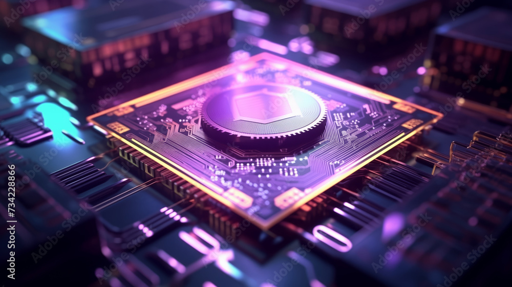 Poster concept cpu microchip for ai and data network. close-up view of modern chip gpu card with circuit bl