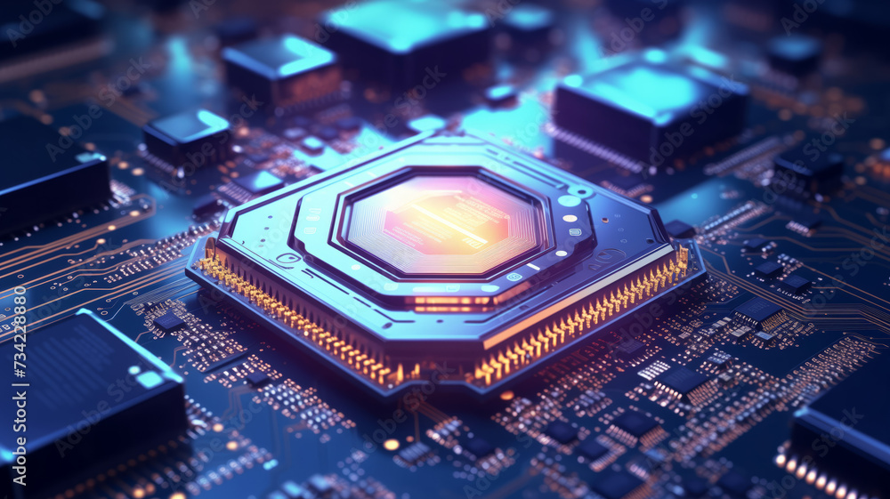 Poster concept cpu microchip for ai and data network. close-up view of modern chip gpu card with circuit bl