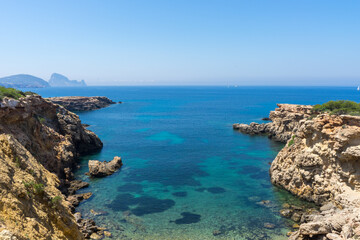 Rocky Mediterranean bay on the island of Ibiza.Tourist destination. Holiday. Vacation.