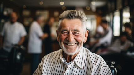 Obraz premium Barber shop social assistance for pensioners, happy hipster elder man with haircut in retro barbershop background.