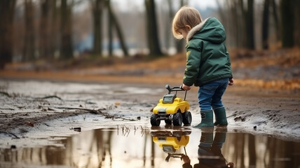 Consequences after major hurricane, child plays with car in puddle outdoors.