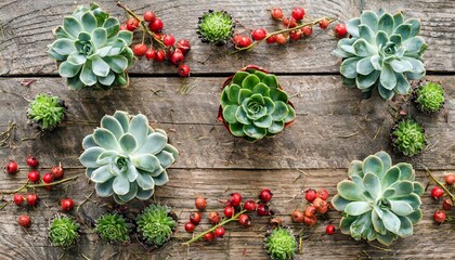 floral frame with succulents minimal creative berry arrangement pattern on wooden background flat lay top view christmas background wallpaper