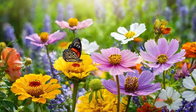 colorful garden flowers with insects transparency background