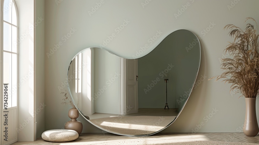 Poster a mirror sitting on top of a table next to a vase and a vase with a plant in it on top of a carpeted