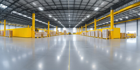 Vast empty warehouse aisle with high shelving and industrial racks