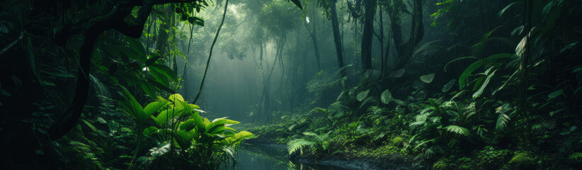 Sunlight filters through dense jungle, illuminating natural path, banner Realistic nature rainforest.