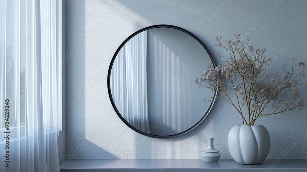 Aufkleber a round mirror sitting on top of a wall next to a vase with a plant in it and a vase with a flower i