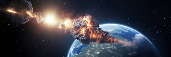 Panorama massive asteroid engulfed in burning and flames as it nears Earths atmosphere.