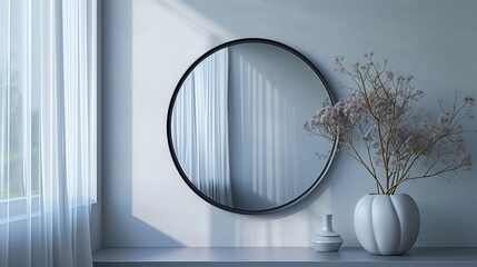  a round mirror sitting on top of a wall next to a vase with a plant in it and a vase with a flower in it next to a round mirror.