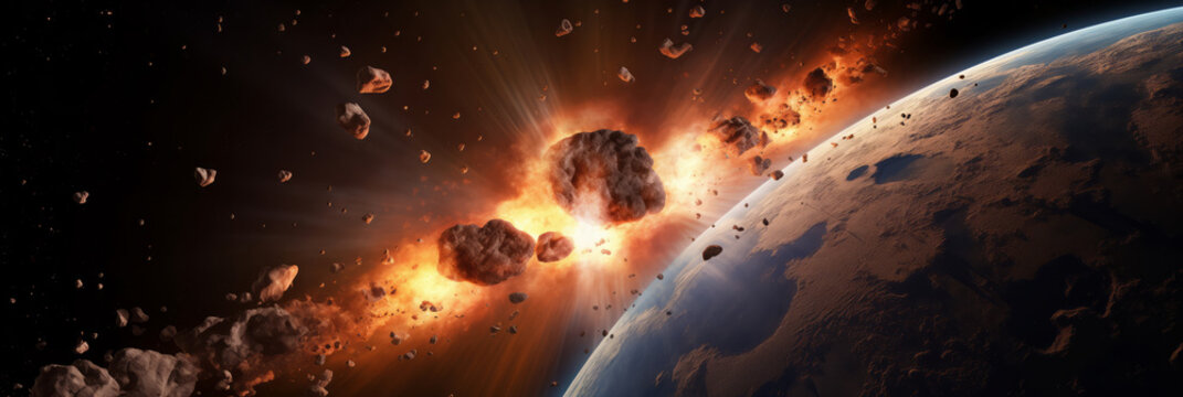 Panorama Giant meteor on collision course with Earth, depicting catastrophic space event.
