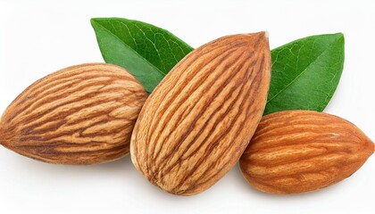 almonds nuts with leaves isolated on white background with clipping path and full depth of field top view flat lay