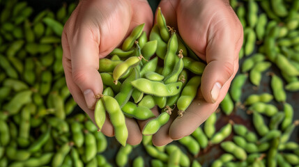 Farmer Hands Holding Raw Seeds of Edamame