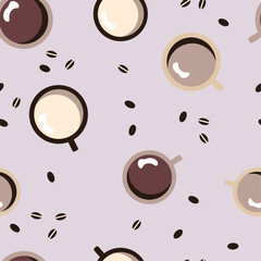 A cup of coffee. Vector seamless pattern of stylized image of coffee cups and coffee beans on pastel brown background.