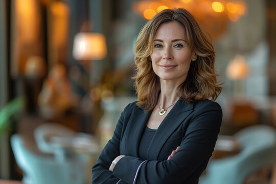 Mujer de negocios, vestida de negro, mediana edad, segura de si misma, profesional, negocio, oficina, collar