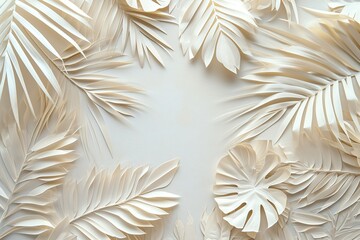White cardboard for wedding cards, leaf palms, in the style of light gray and beige boho