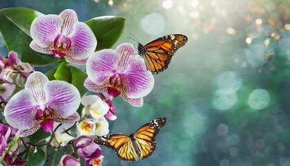 floral background of tropical orchids and butterfly