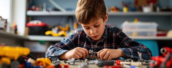 Young boy with a screwdriver assembling creative toys - obrazy, fototapety, plakaty