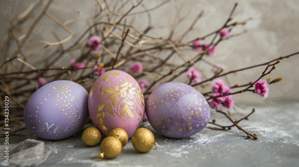 Poster a group of three eggs sitting on top of a table next to a twig filled with purple and gold eggs next
