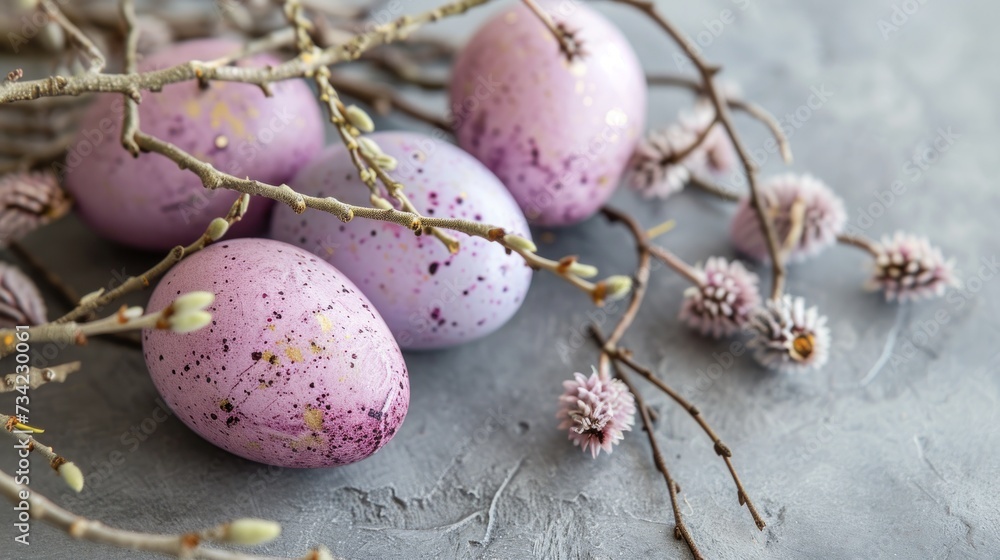 Poster a bunch of eggs sitting on top of a table next to a twig and a twig branch with some pink and purple