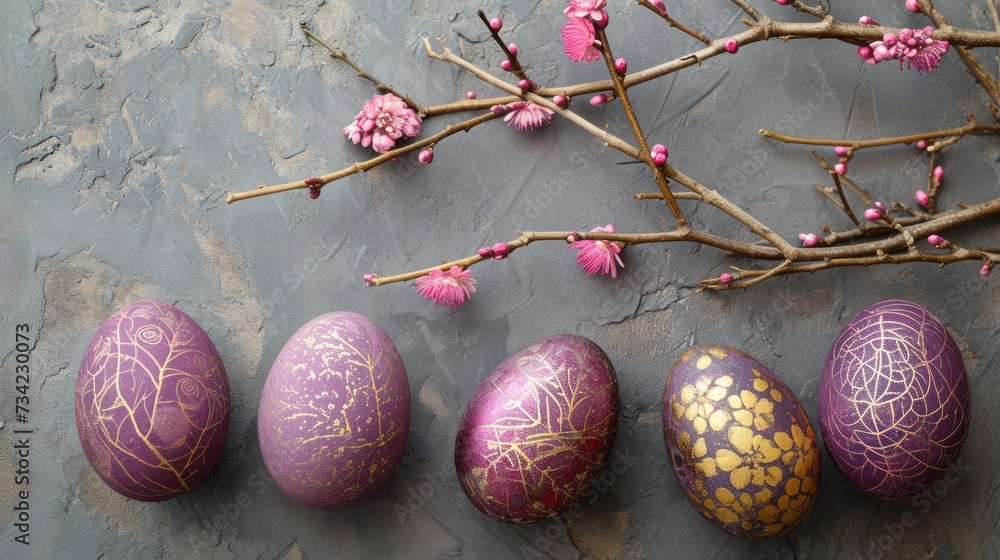 Aufkleber a group of painted eggs sitting on top of a table next to a branch of a twig with pink flowers on it