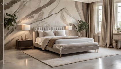 opulent bedroom with a bed in the middle and marble slabs throughout mild beige hues including white milk brown and taupe blank wall interior design