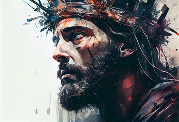 Jesus in the crown of thorns. Holy Week, Good Friday concept. Watercolor illustration. Generative AI - obrazy, fototapety, plakaty