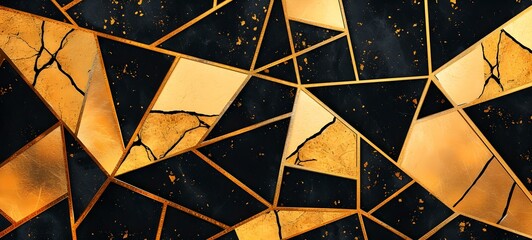 Abstract geometric shapes with golden hues and cracks. modern artistic texture. suitable for backgrounds and wallpapers. AI