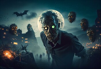 zombies on halloween night surreal fantasy 3d illustration. Generative AI