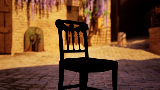 Black Chair on Brick Road in a Charming Italian Town