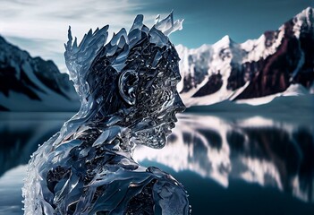 Winter figure from pieces of ice close-up on a frozen lake, mountains background. Digital art painting. Generative AI