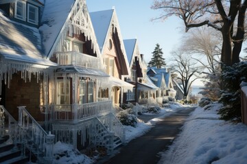 Fried scenario roofs and trees covered with ice., generative IA