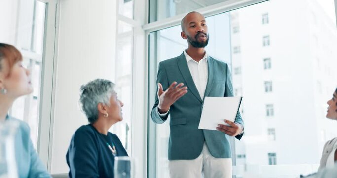 Business people, presentation and man in a meeting, feedback and planning in a workplace. Group, employees and manager with review and document for partnership and project management with a report