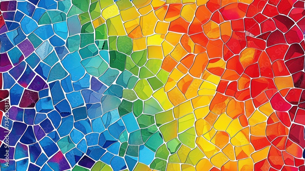 Poster a close up of a multicolored stained glass window with a rainbow in the middle of the window and a r