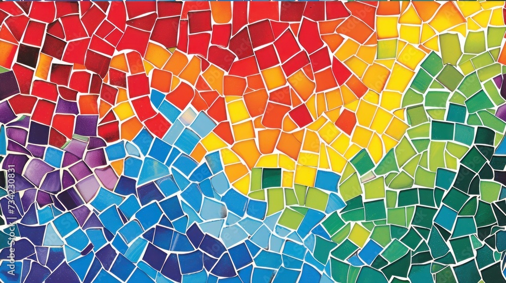 Poster a close up of a multicolored tile wall with a rainbow colored design on the bottom half of the tile 