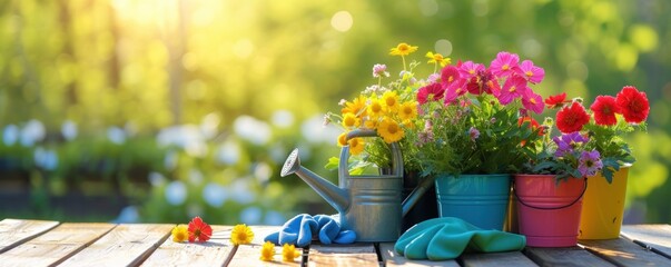 Flowers in pots with watering can and gloves in summer background